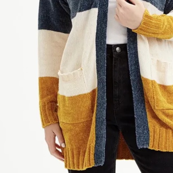 Evelyn Taylor Large Chenille Blue Yellow White Color Block Open Cardigan Pocket - Picture 4 of 4